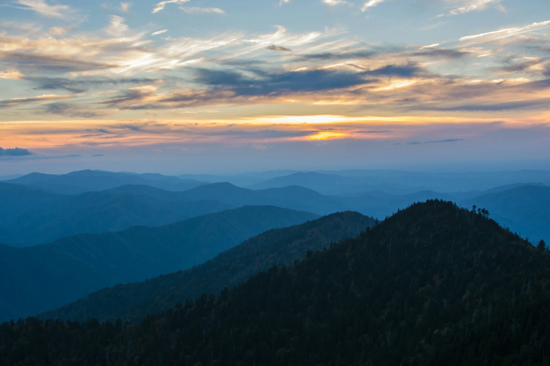 Wide view of blue mountain ridges beneath a softly lit sky in the Great Smoky Mountains